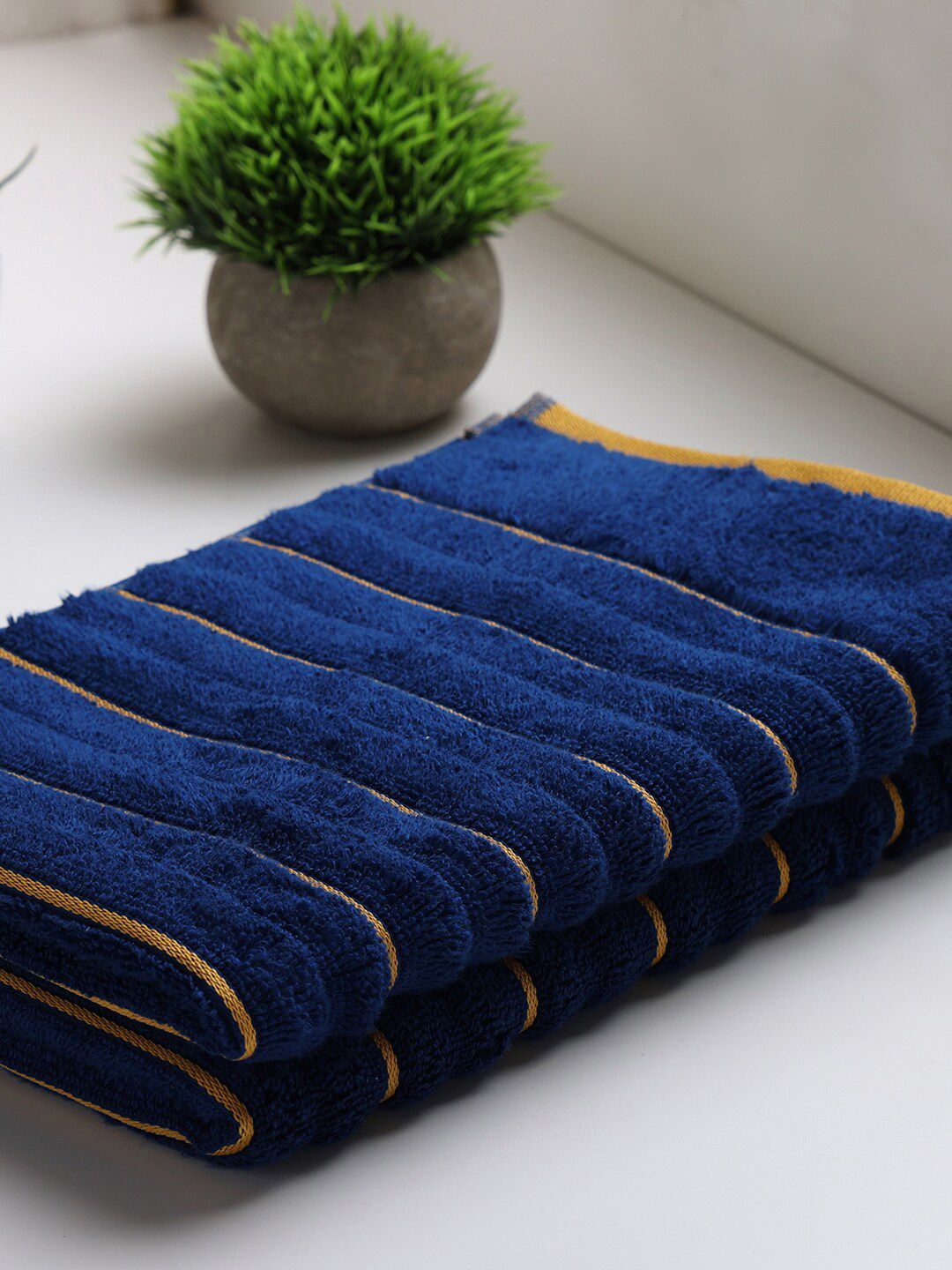 SPACES Set Of 2 Blue Striped Pure Cotton GSM 575 Hand Towels Price in India