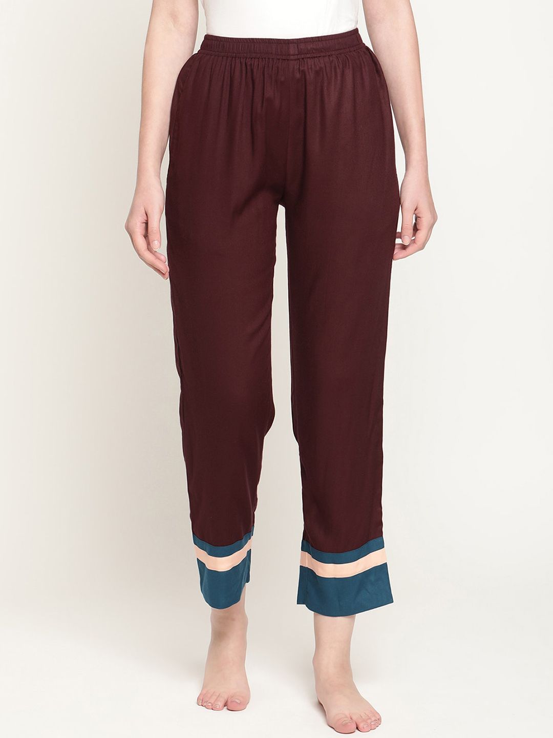 COASTLAND Women Maroon Solid Relaxed Fit Lounge Pants Price in India