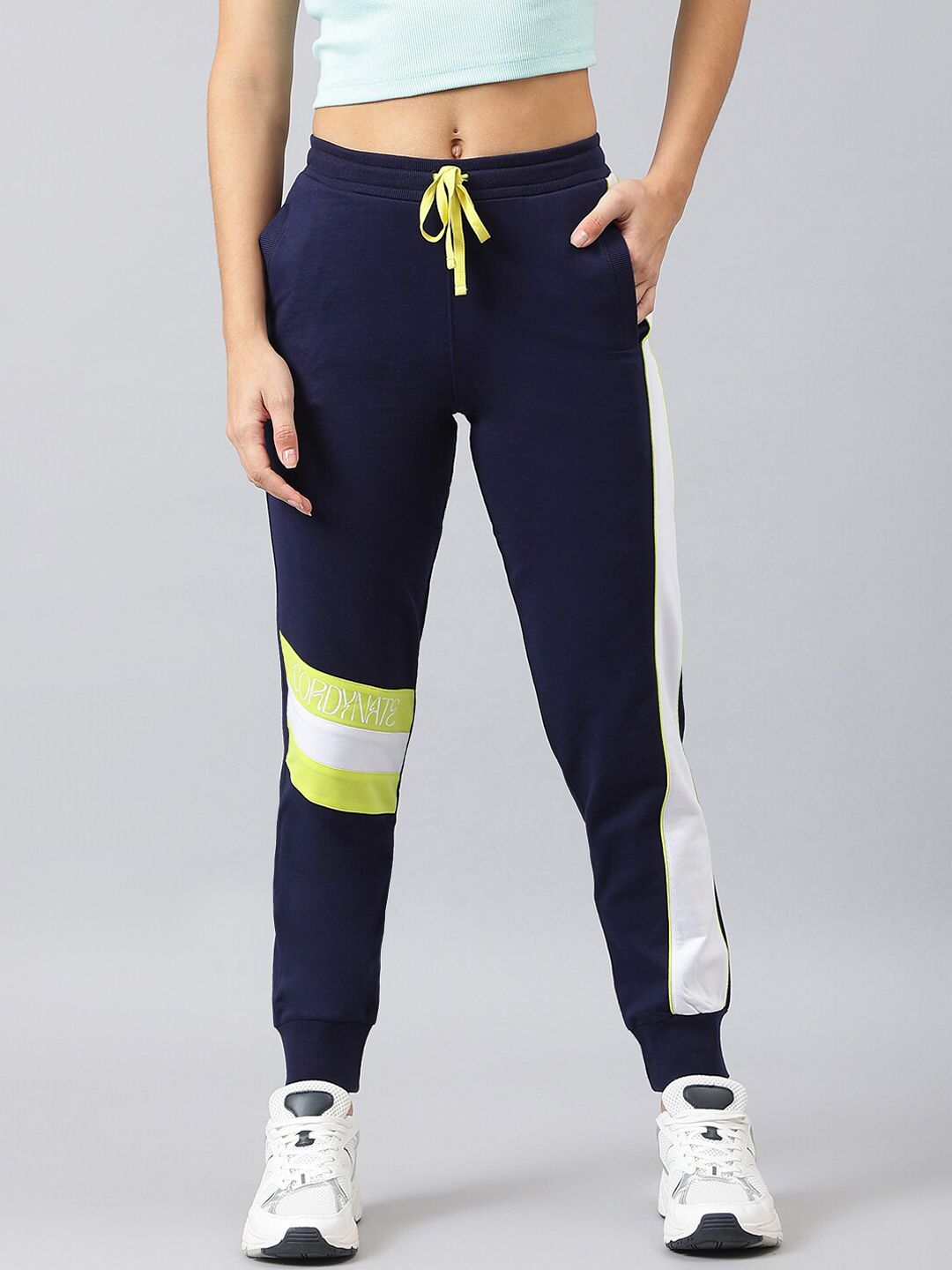 FEMEA Women Navy Blue & Lime Green Colourblocked Joggers Price in India