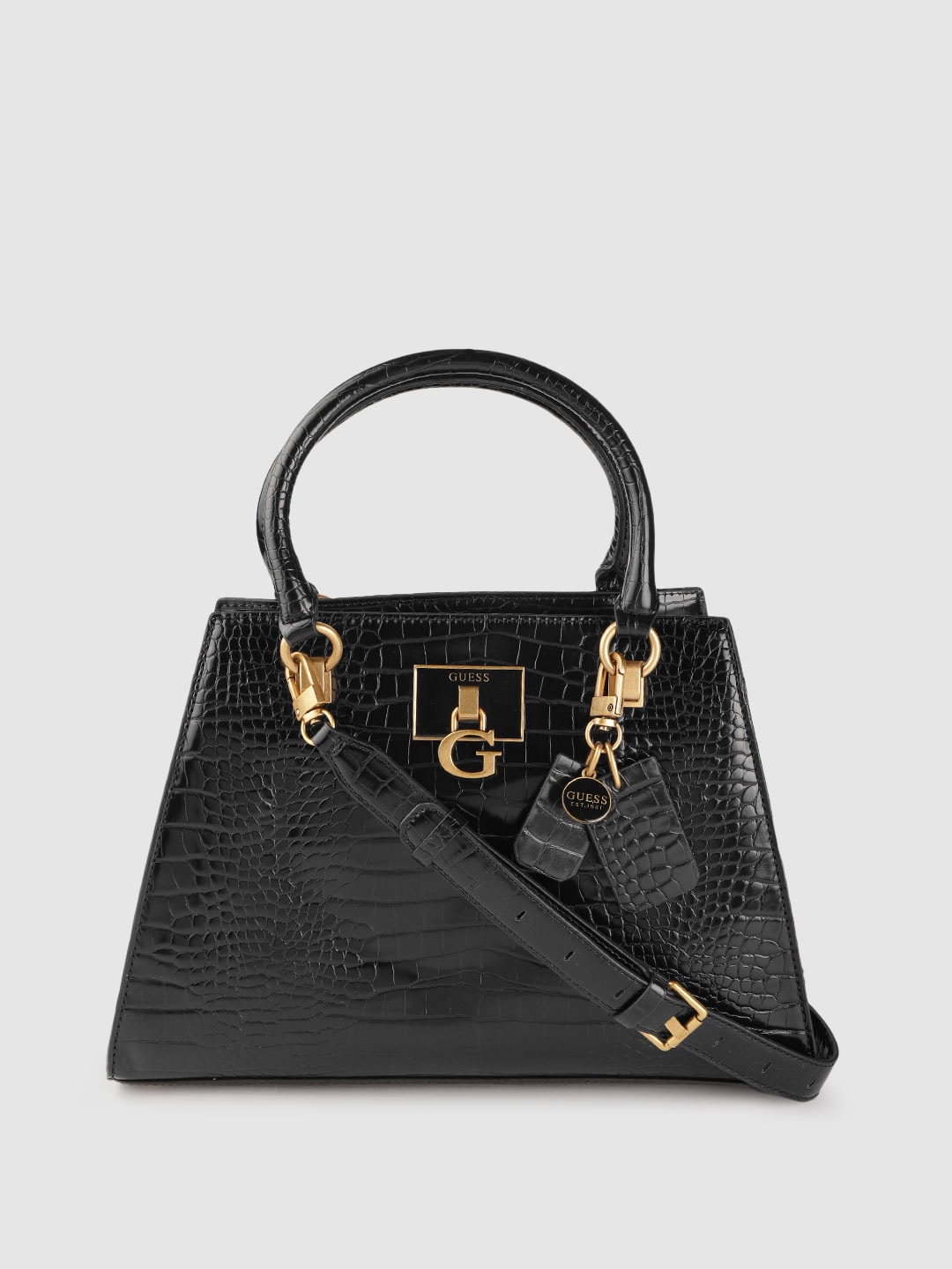 GUESS Women Black Crocs Textured Structured Handheld Bag Price in India