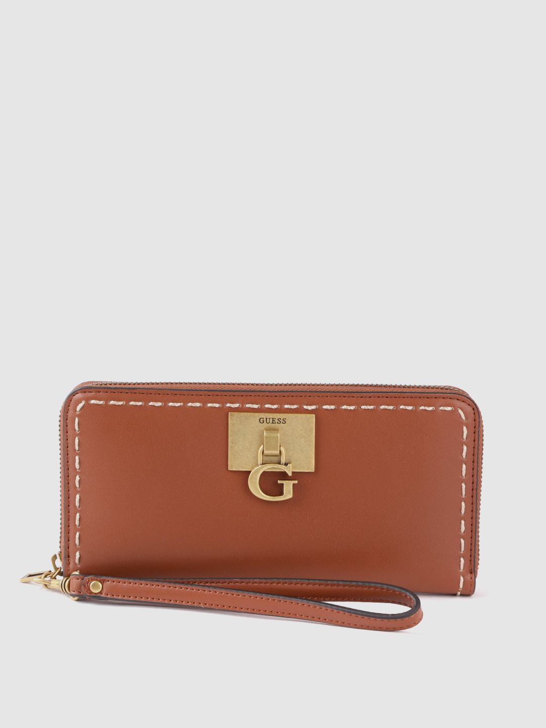 GUESS Women Tan Brown Solid Zip Around Wallet Price in India