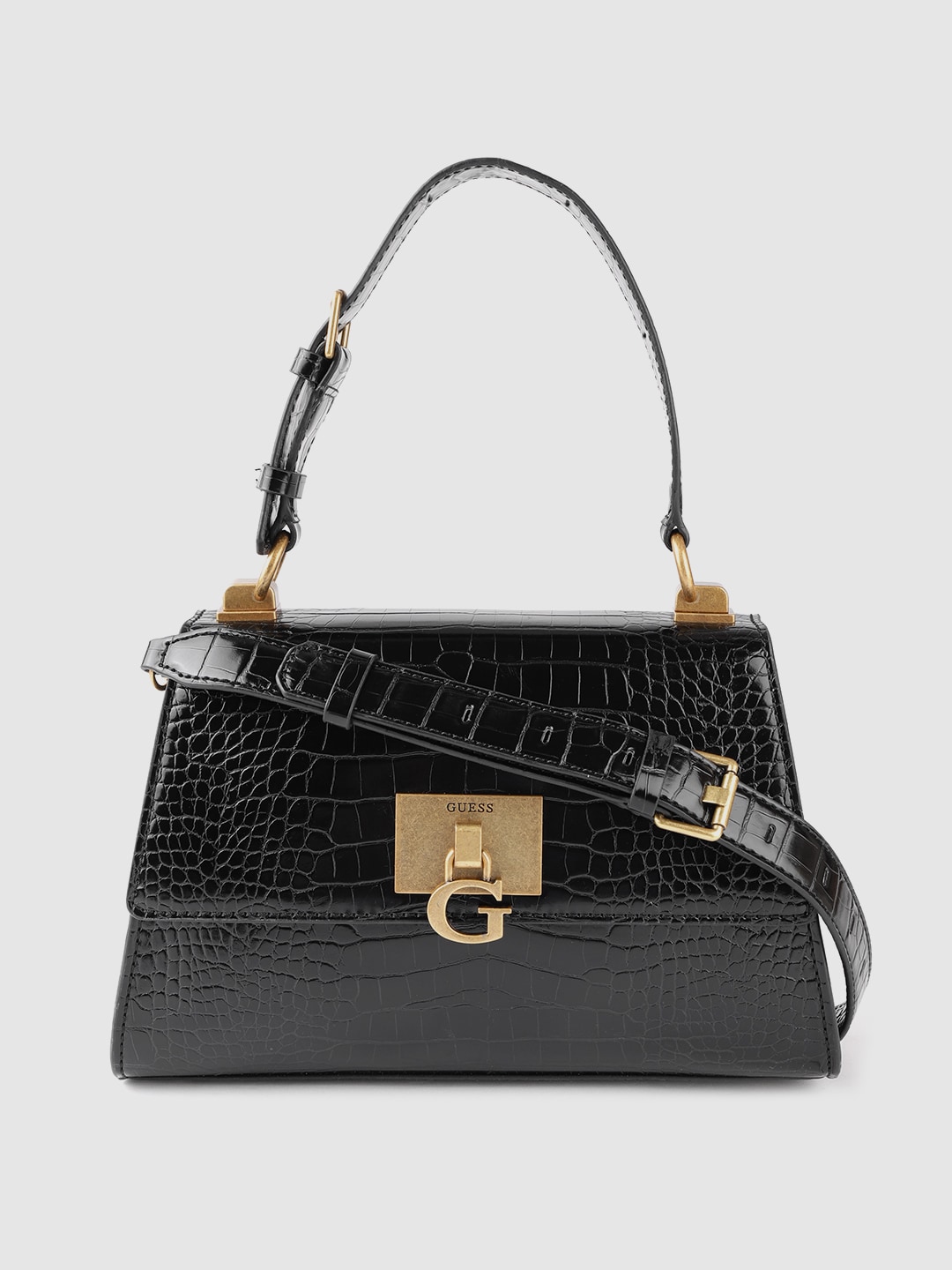 GUESS Black Croc Textured Structured Satchel with Detachable Sling Strap Price in India