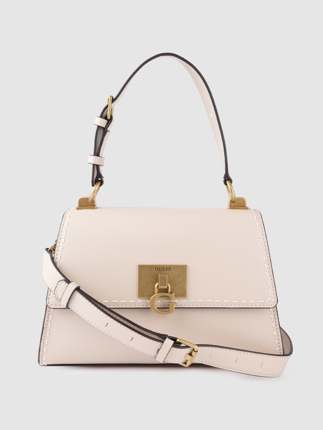 GUESS Beige Solid Embroidered Detail Structured Satchel with Detachable Sling Strap Price in India