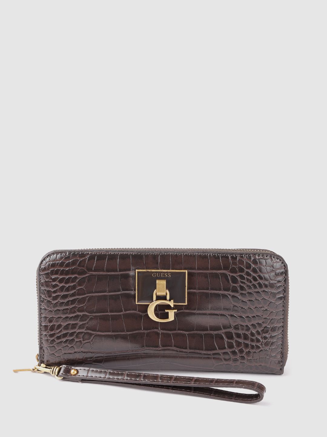 GUESS Women Coffee Brown Crocs Textured Zip Around Wallet Price in India