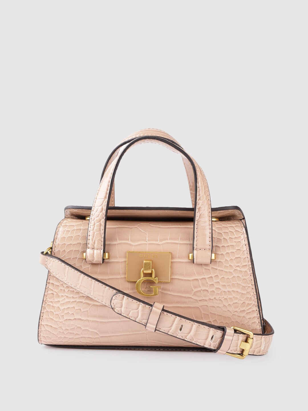 GUESS Peach-Coloured Croc Textured Structured Handheld Bag with Detachable Strap Price in India