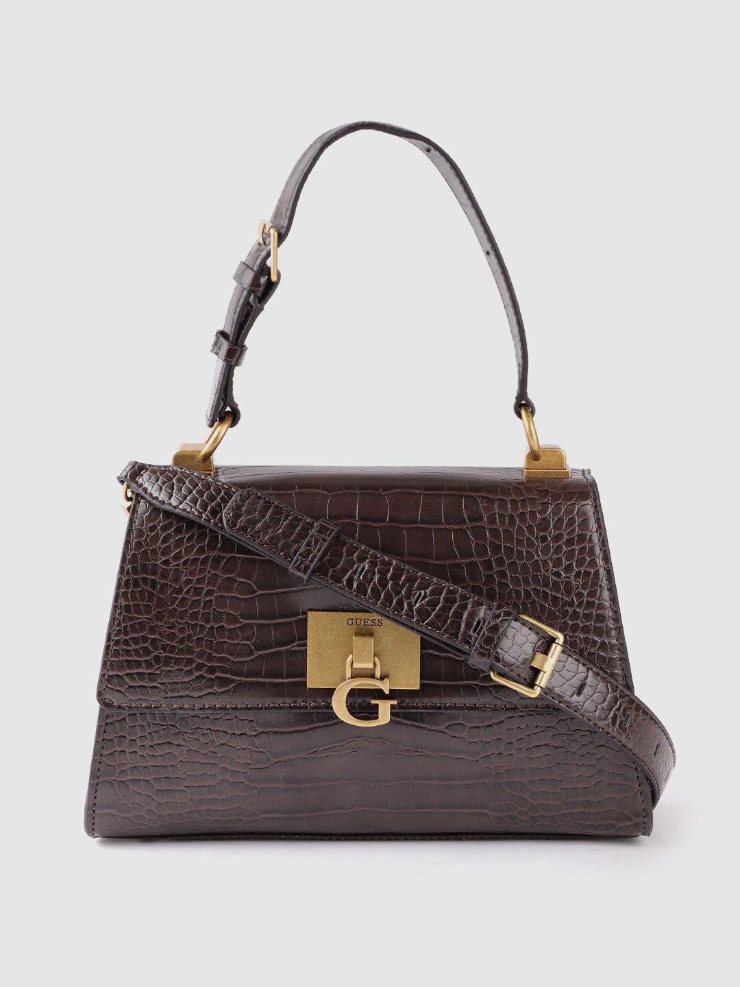 GUESS Coffee Brown Croc Textured Structured Satchel with Detachable Sling Strap Price in India