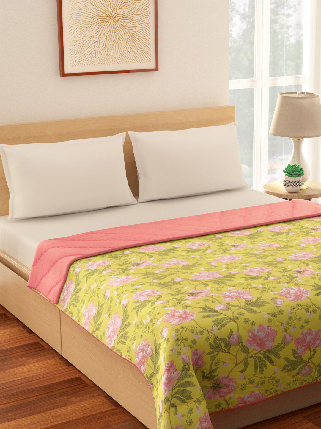 Living scapes by Pantaloons Yellow & Pink Floral Mild Winter 210 GSM Double Bed Quilt Price in India