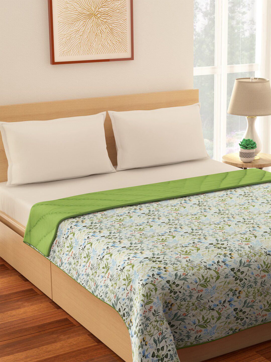 Living scapes by Pantaloons Green & Blue 210 GSM Double Floral Mild Winter Bed Quilt Price in India