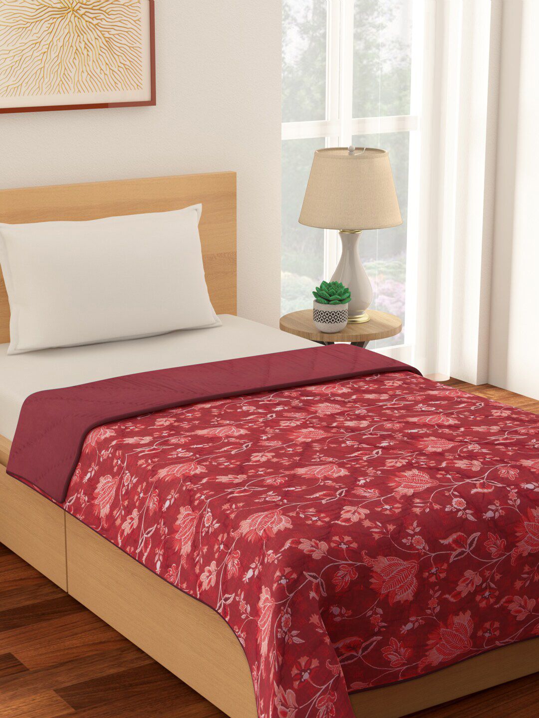 Living scapes by Pantaloons Red & White Floral Mild Winter 180 GSM Double Bed Quilt Price in India