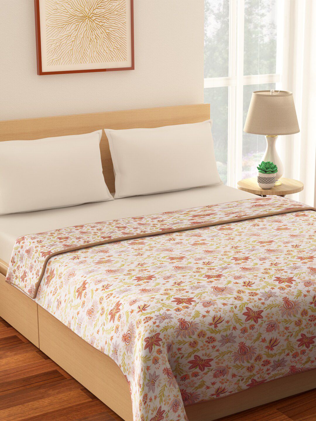 Living scapes by Pantaloons White & Green Floral Mild Winter Double Bed Quilt Price in India