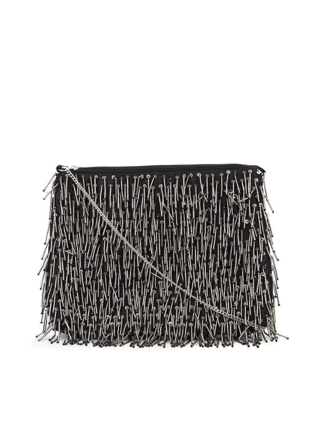 FOREVER 21 Women Grey Embellished Structured Sling Bag with Fringed Price in India