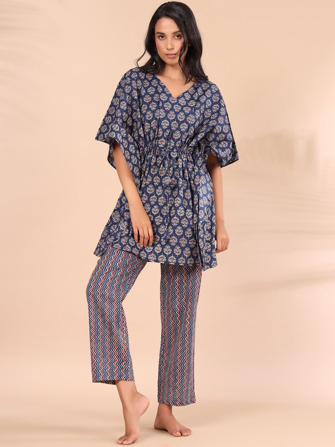 JISORA Women Blue & Pink Ethnic Motifs Printed Pure Cotton Night Suit Price in India