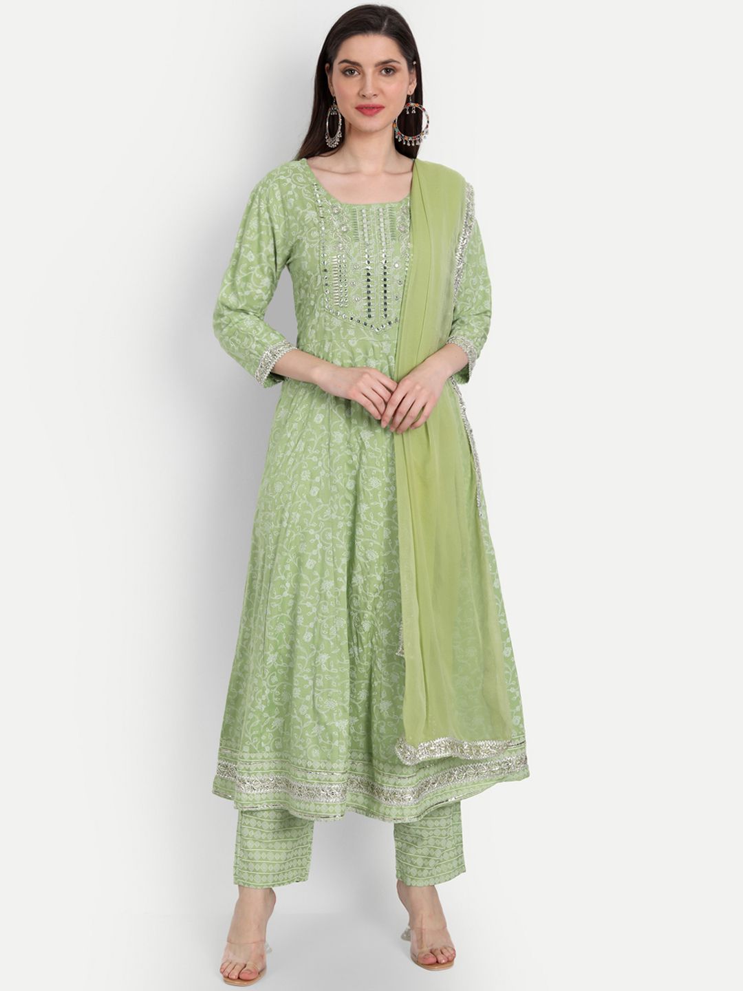 SINGNI Women Green Embroidered Printed Kurta with Trousers & dupatta
