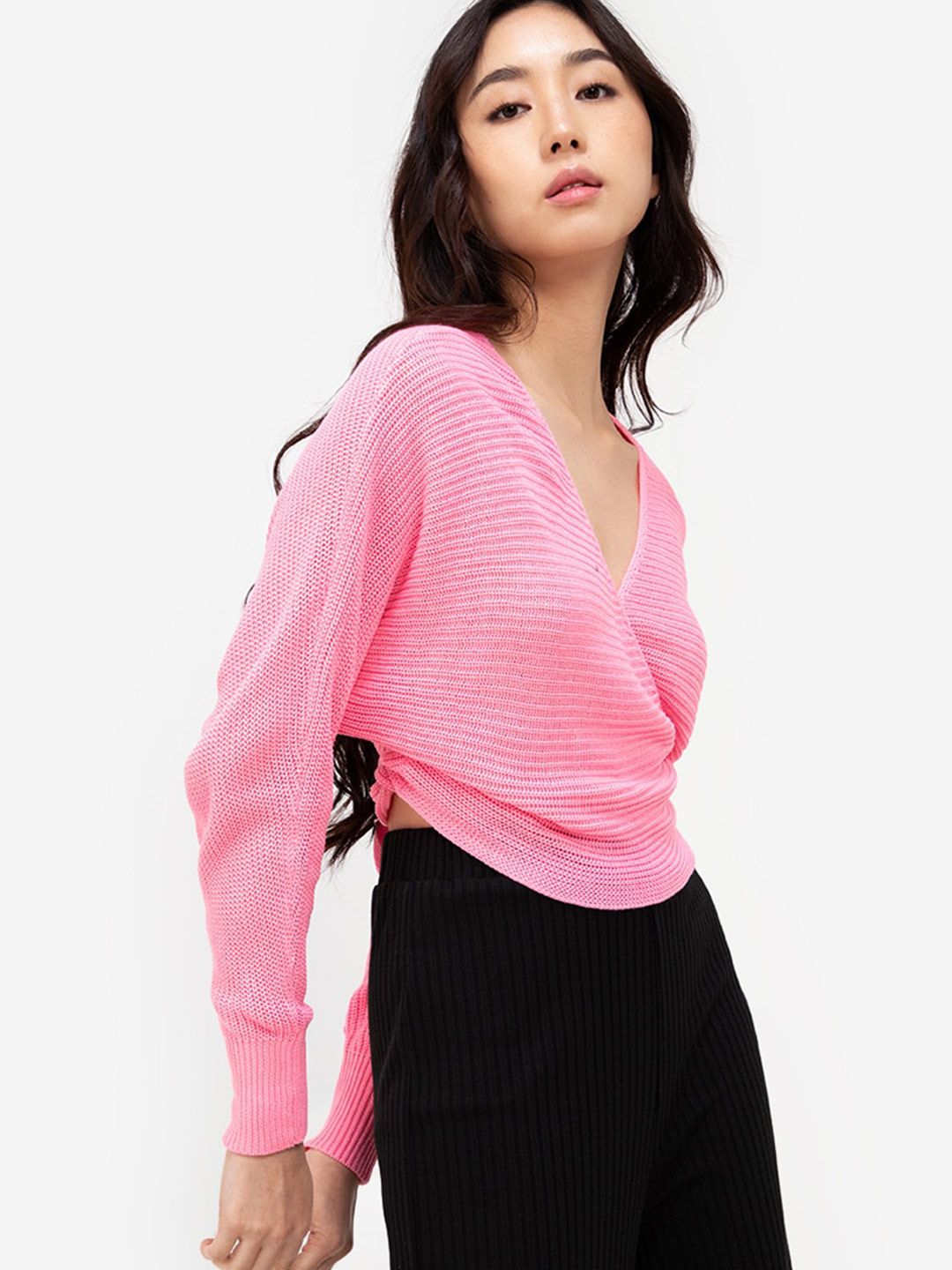 ZALORA BASICS Women Pink Self Design Wrap Cardigan Price in India