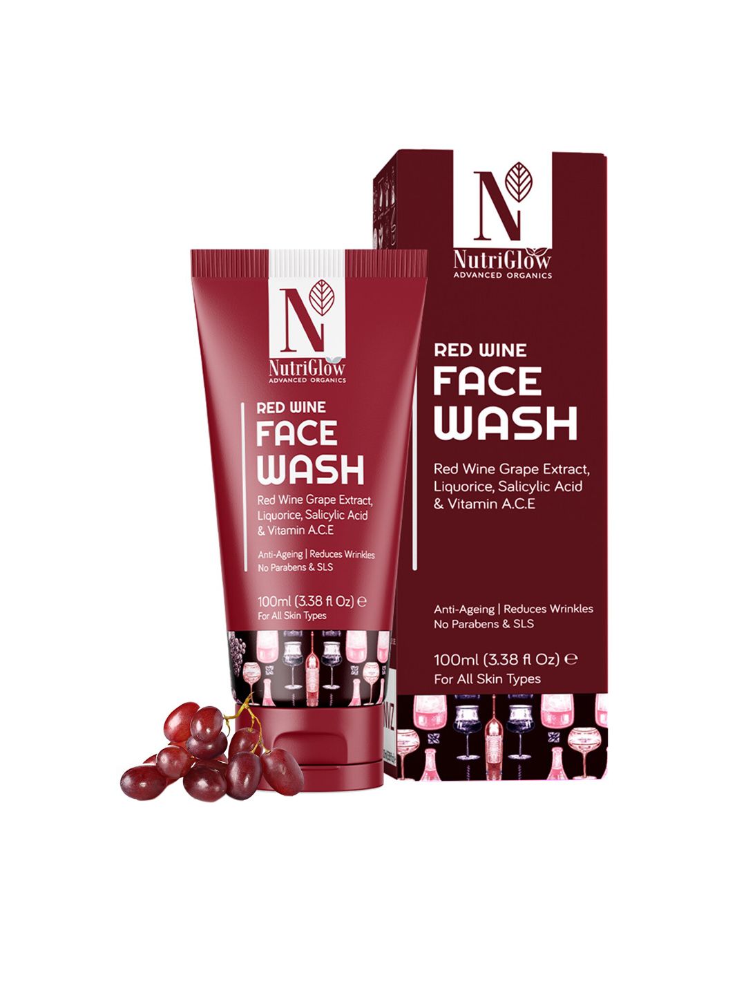 Nutriglow Advanced Red Wine Sustainable Face Wash for Anti-Aging - 100 ml