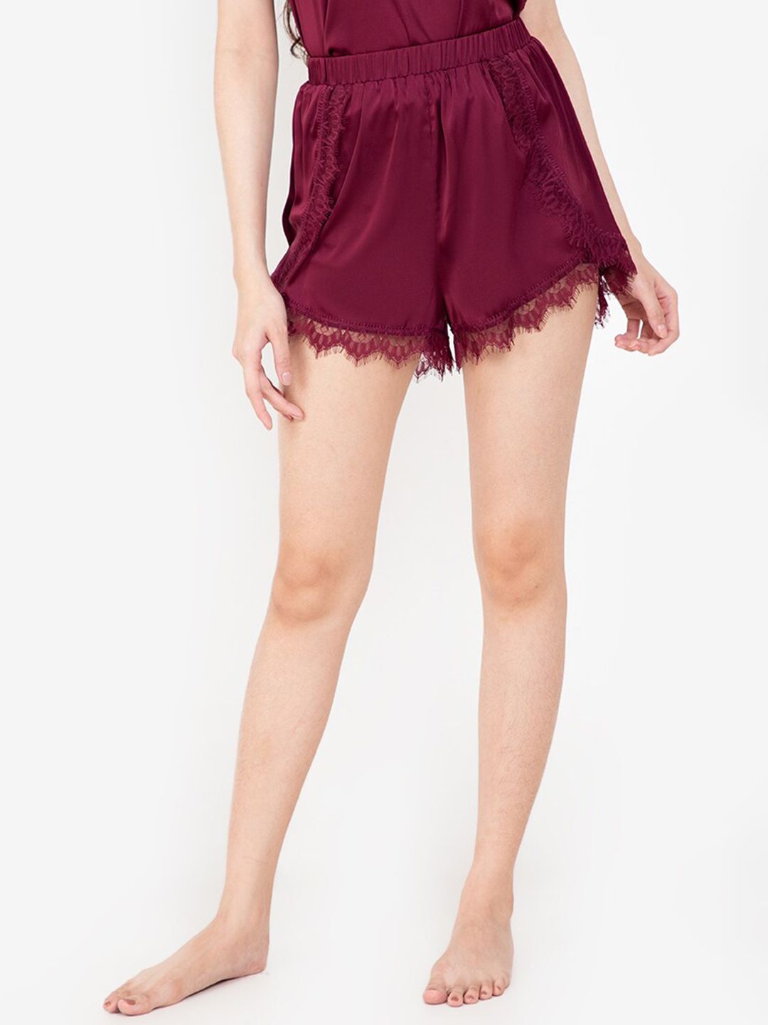 ZALORA BASICS Women Maroon High-Rise Lace Inserted Lounge Shorts Price in India