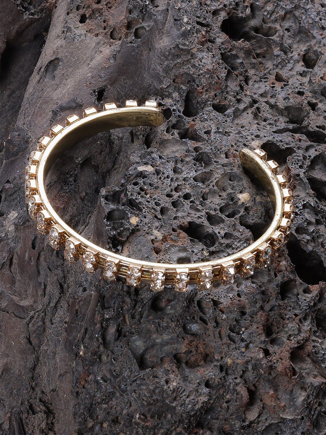 DIVA WALK EXCLUSIVE Women Gold-Toned & Transparent Cubic Zirconia Cuff Bracelet Price in India