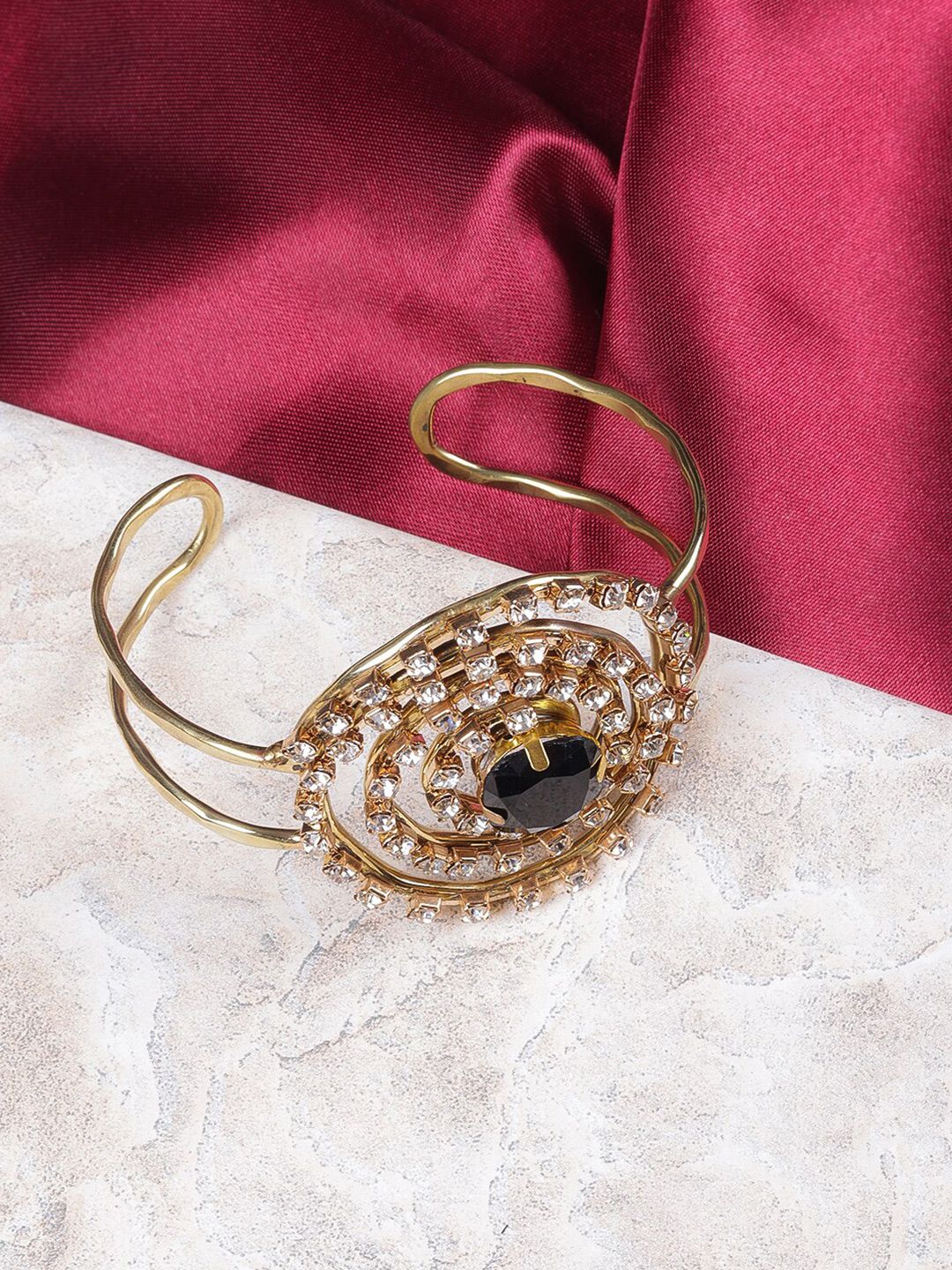 DIVA WALK EXCLUSIVE Women Gold-Plated & Black Cubic Zirconia Cuff Bracelet Price in India