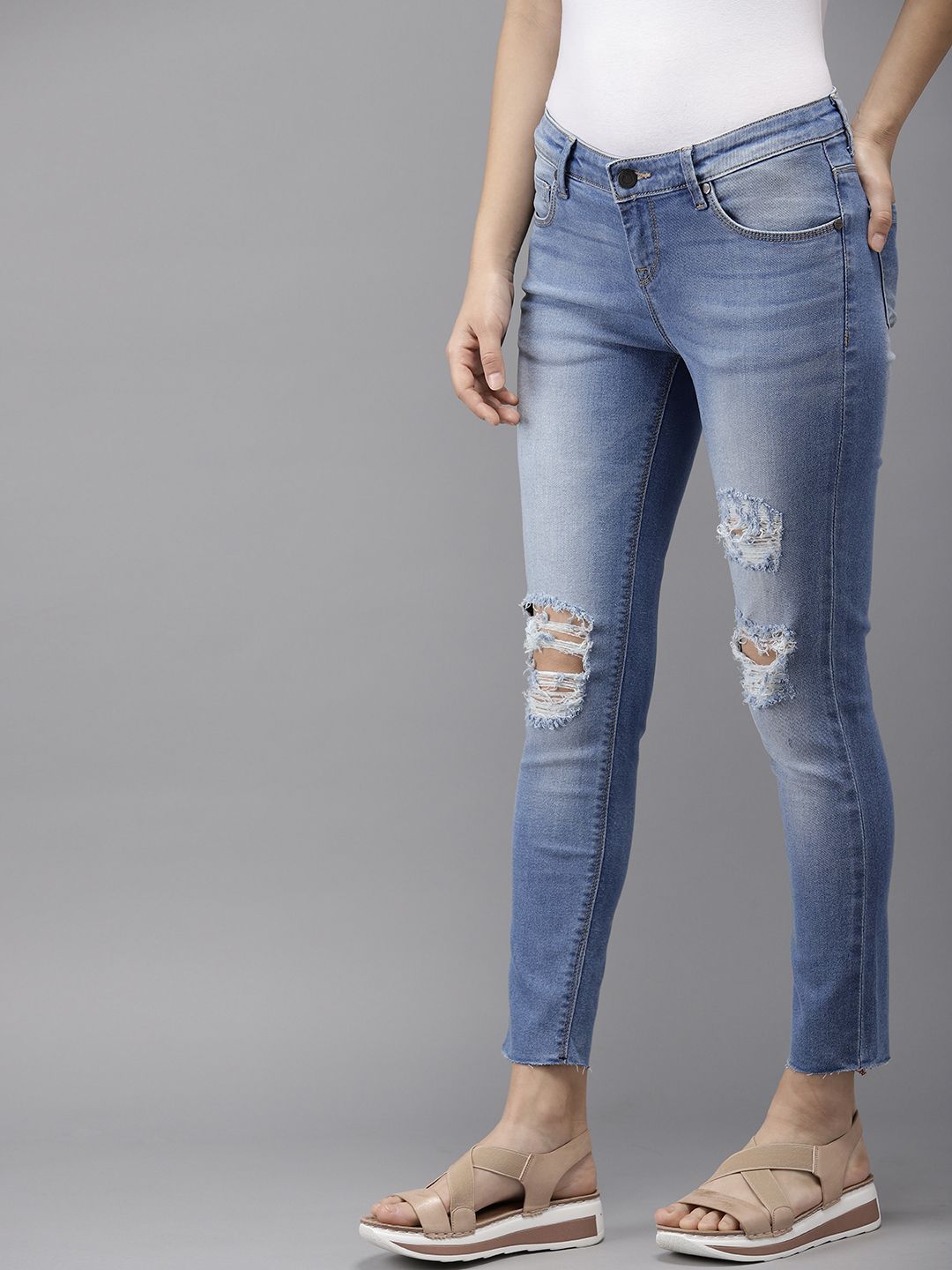 Moda Rapido Women Ankle Length Skinny Fit Blue Mildly Distressed Stretchable Jeans