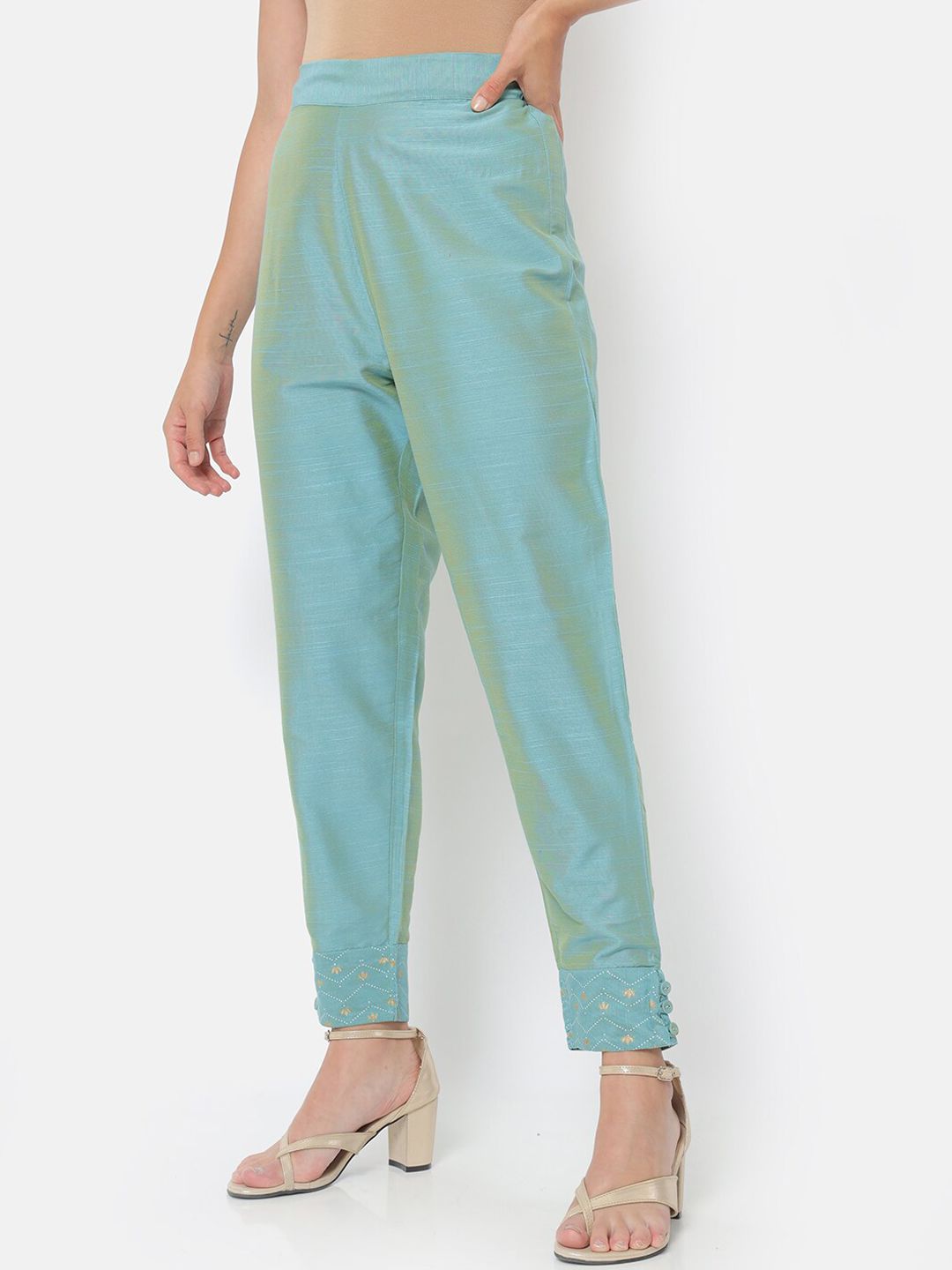 Saaki Women Blue Solid Trousers Price in India