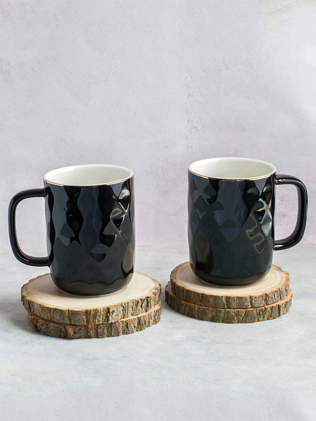 Art Street Set of 2 Black Geometric Textured Ceramic Glossy Cups Price in India