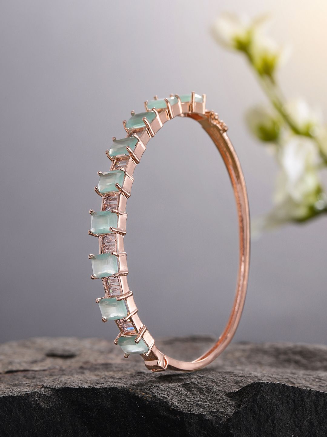 Peora Women Sea Green & Rose Cubic Zirconia Rose Gold-Plated Kada Bracelet Price in India