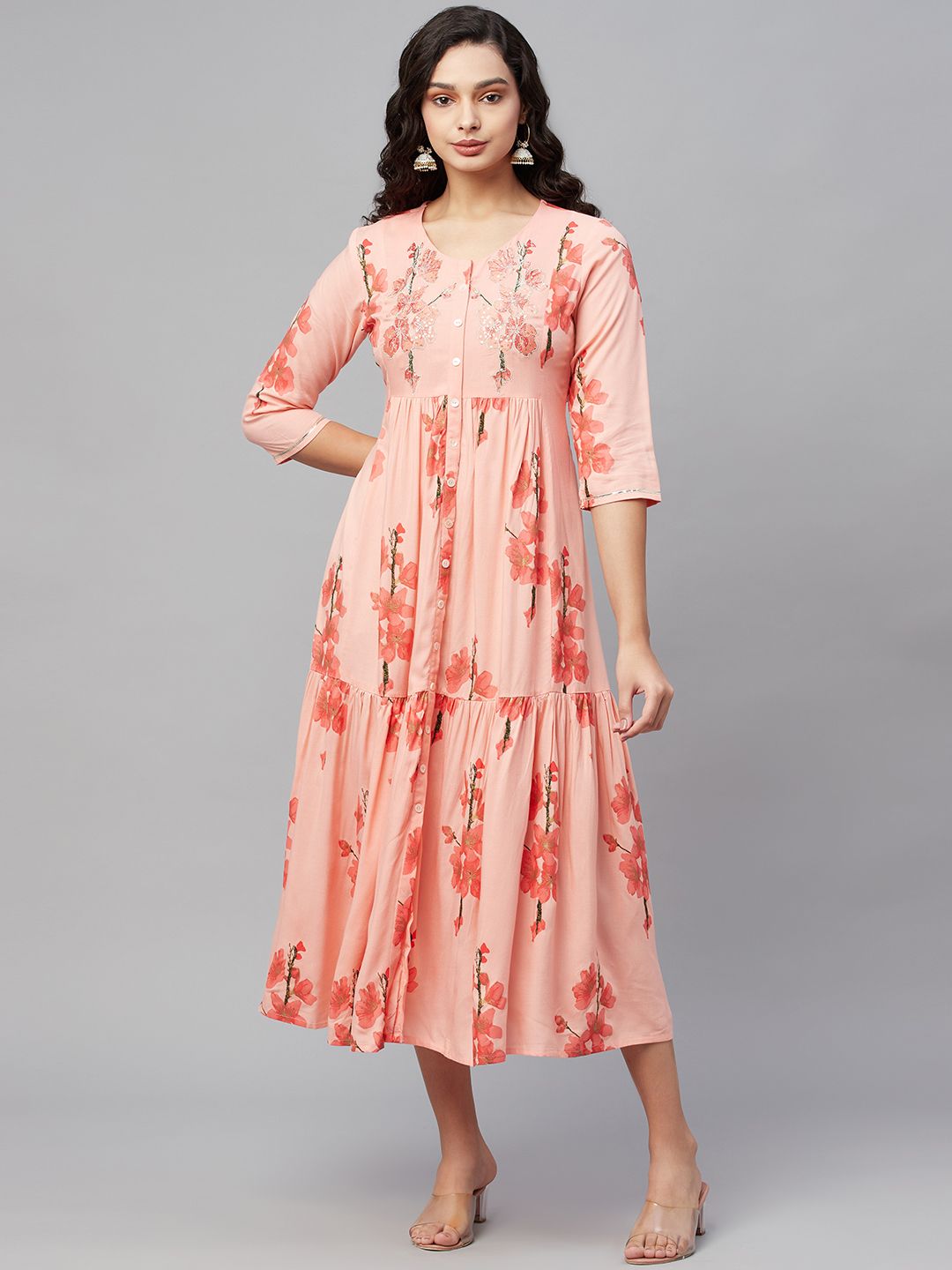 AMIRAS INDIAN ETHNIC WEAR Peach-Coloured Floral Ethnic Midi Dress Price in India