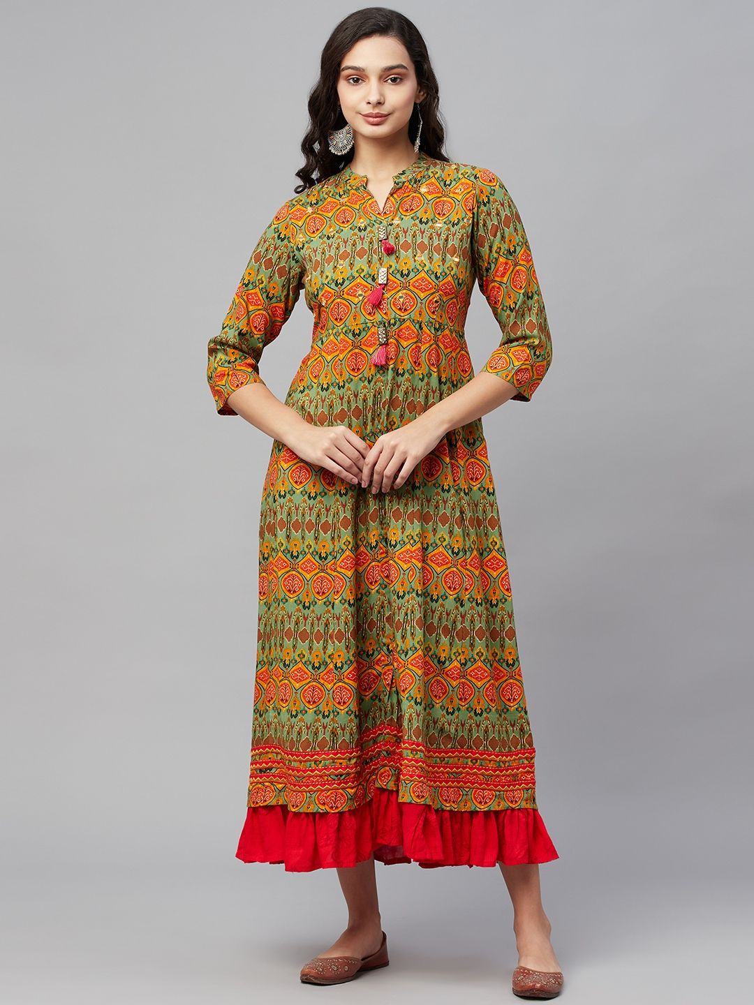 AMIRAS INDIAN ETHNIC WEAR Green & Orange Ethnic Motifs Ethnic Maxi Dress Price in India