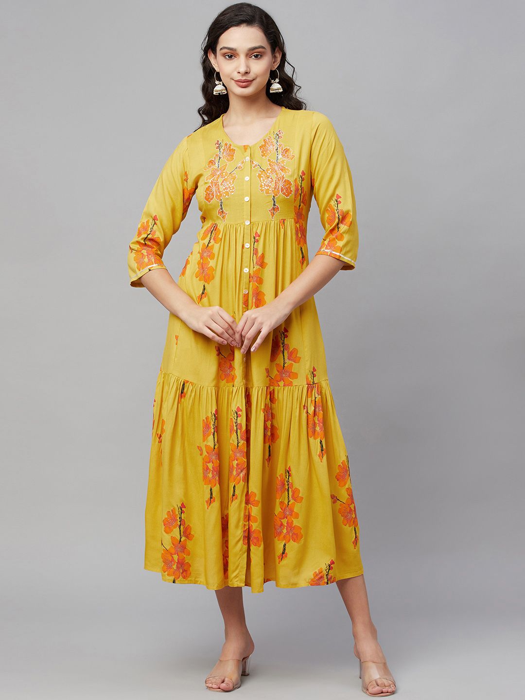 AMIRAS INDIAN ETHNIC WEAR Mustard Yellow Floral Ethnic Midi Dress Price in India