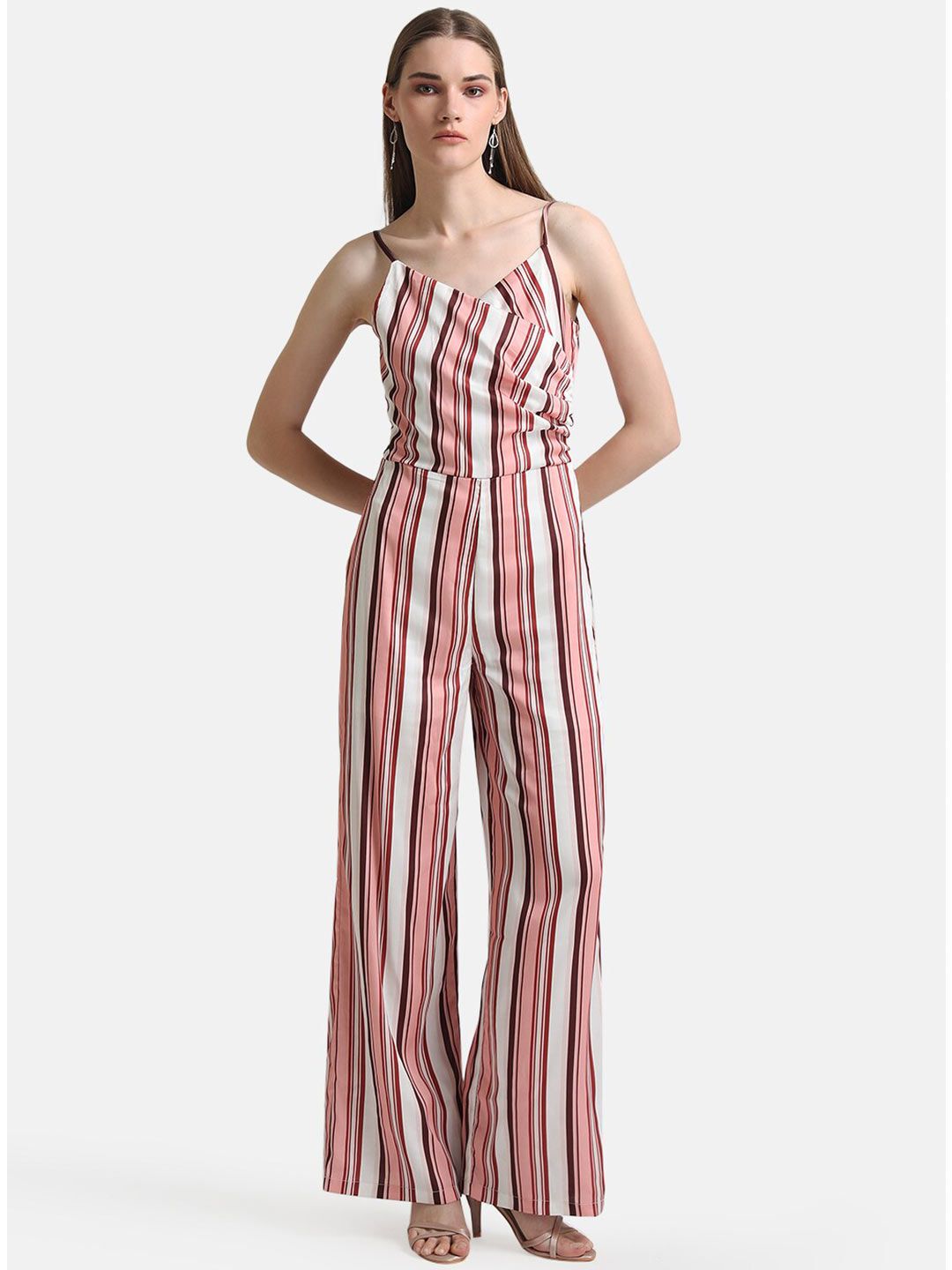 Kazo Pink & White Striped Basic Jumpsuit Price in India