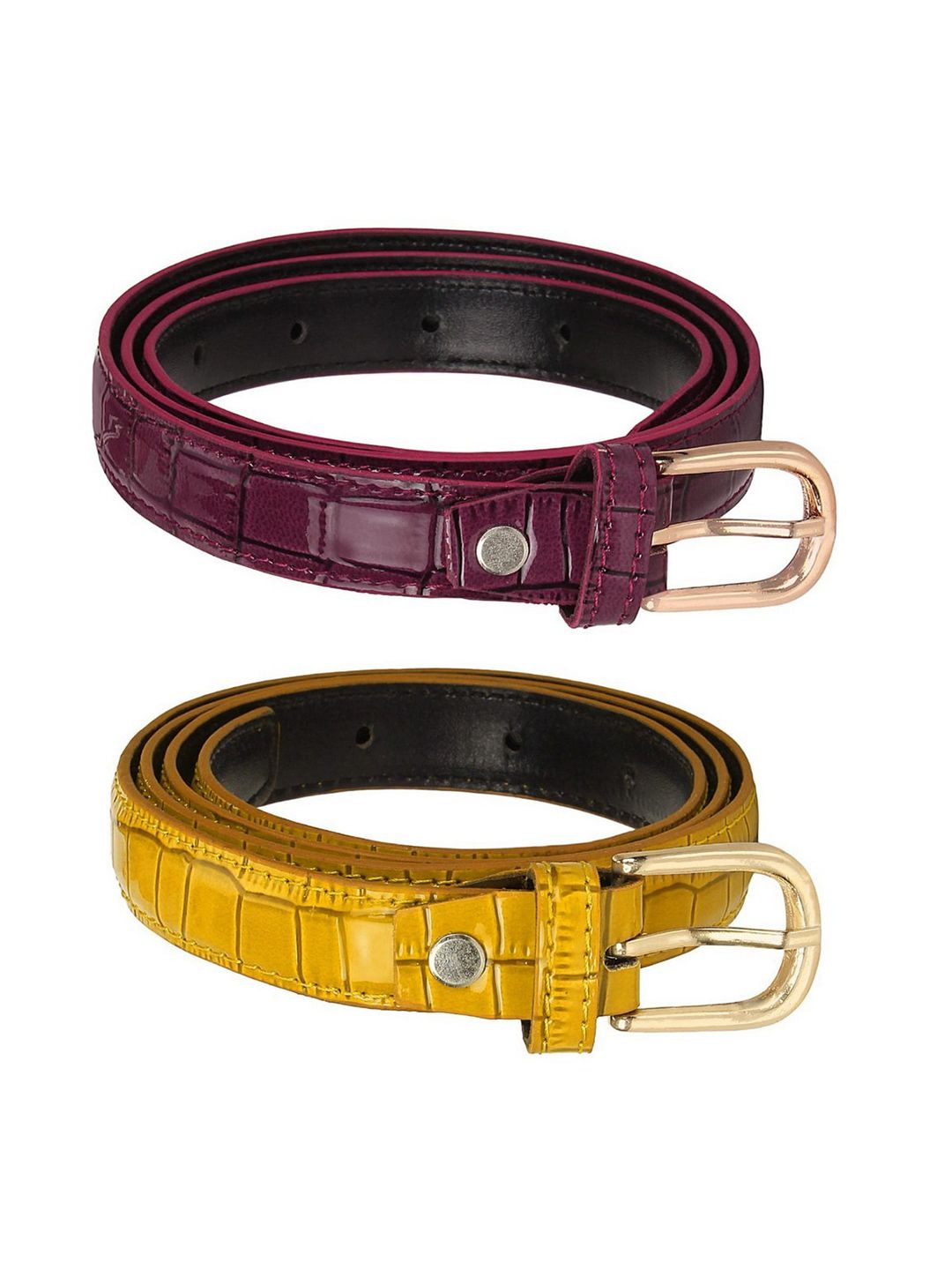 SIDEWOK Women Maroon & Yellow Glossy Textured PU Belt Pack Of 2 Price in India