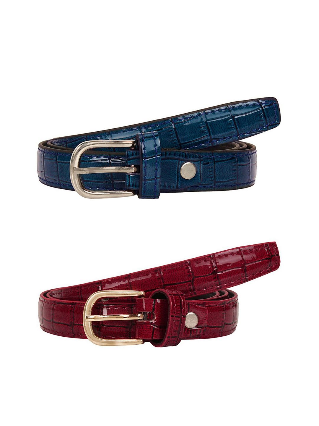 SIDEWOK Women Maroon & Blue Glossy Textured PU Belt Pack Of 2 Price in India