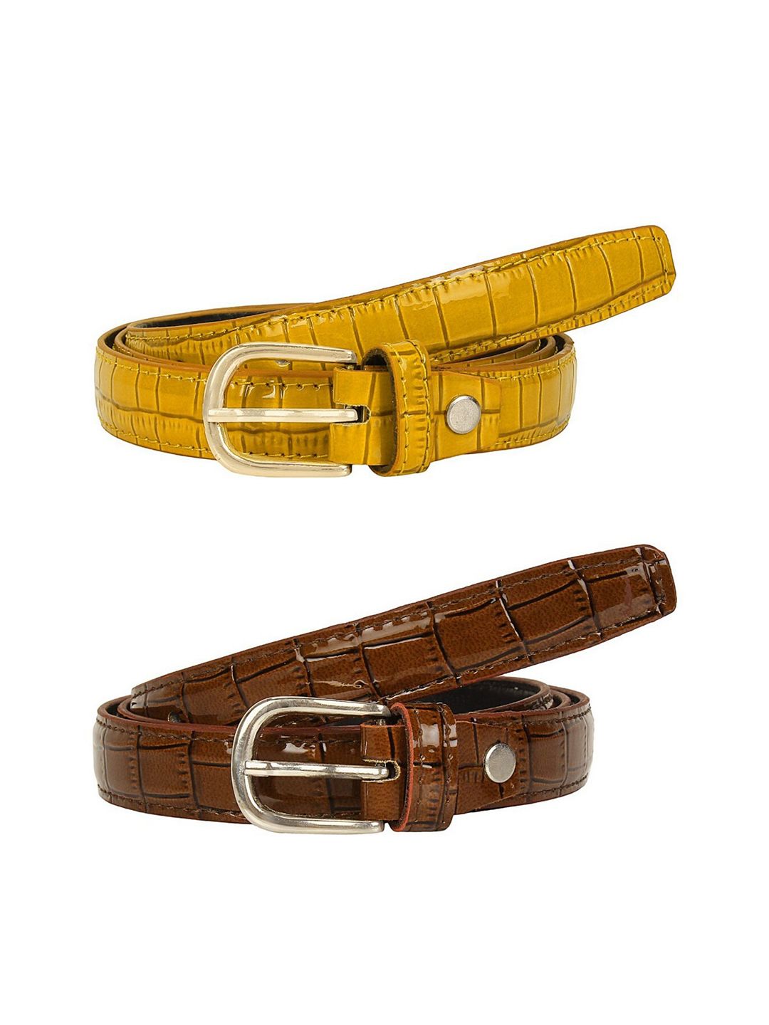 SIDEWOK Women Set Of 2 Yellow & Brown Textured PU Belt Price in India