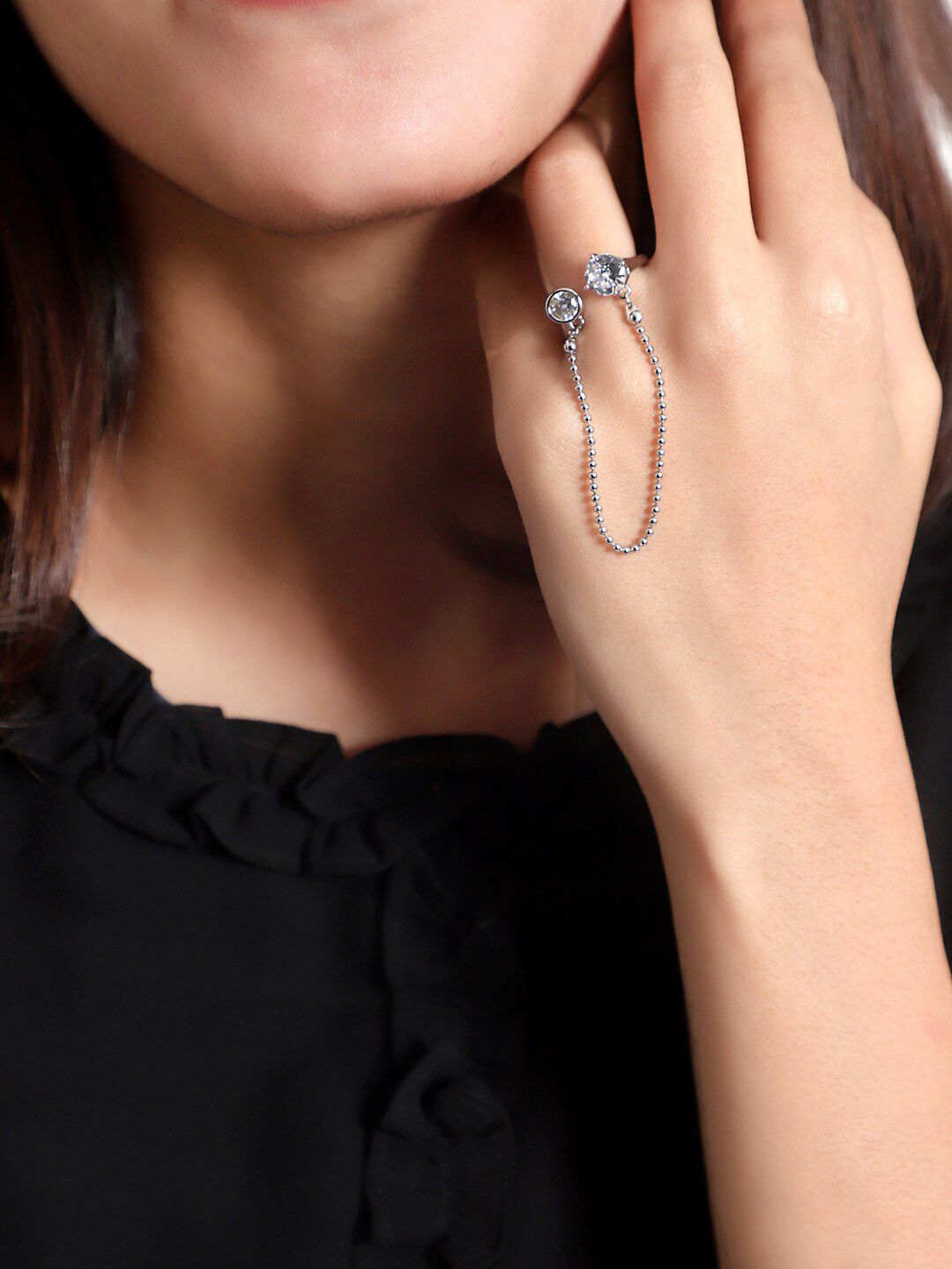 KACY Silver-Plated & Stone Studded Finger  Ring With Beaded Chain Price in India