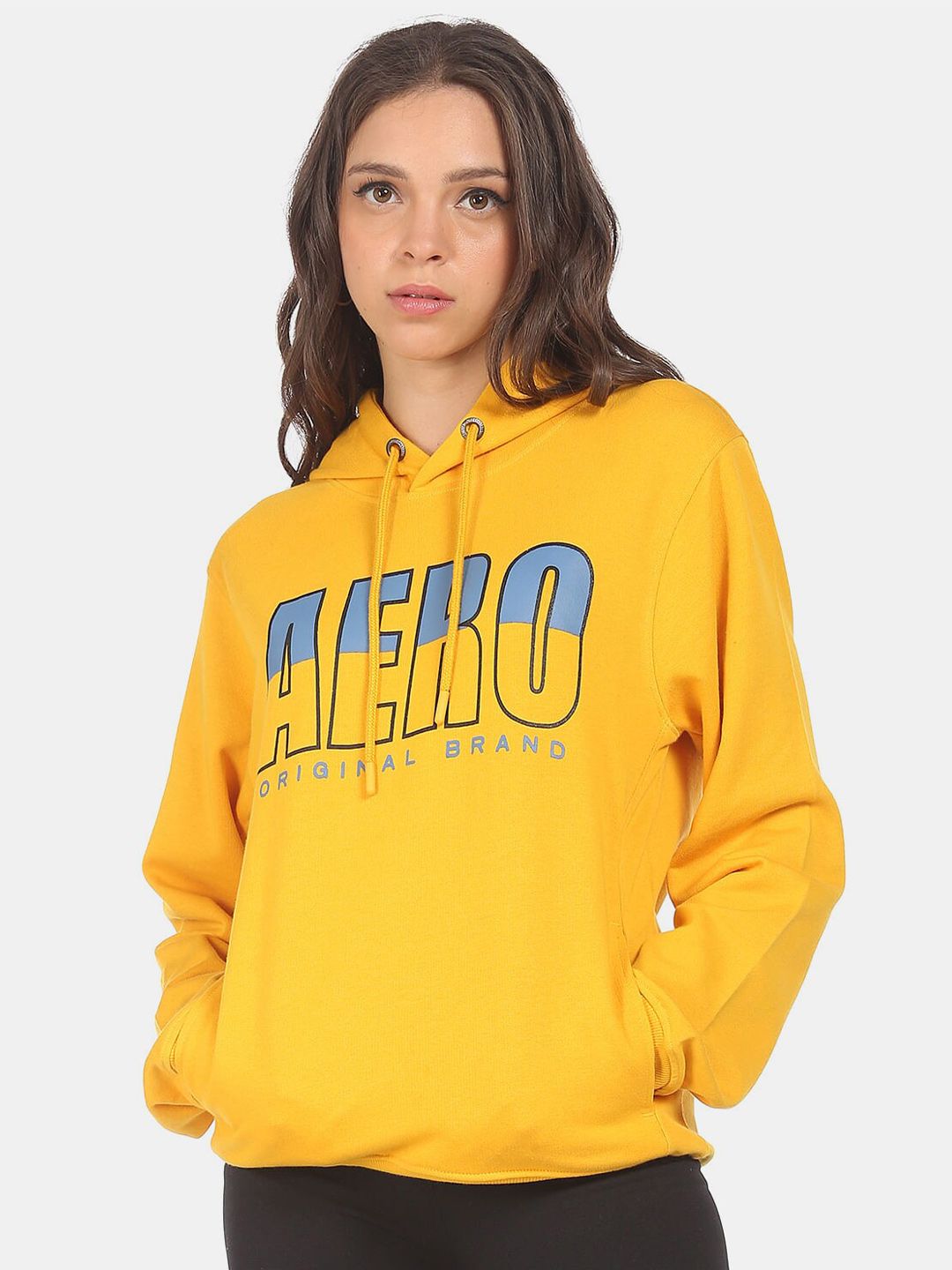 Aeropostale Women Yellow Printed Hooded Sweatshirt Price in India