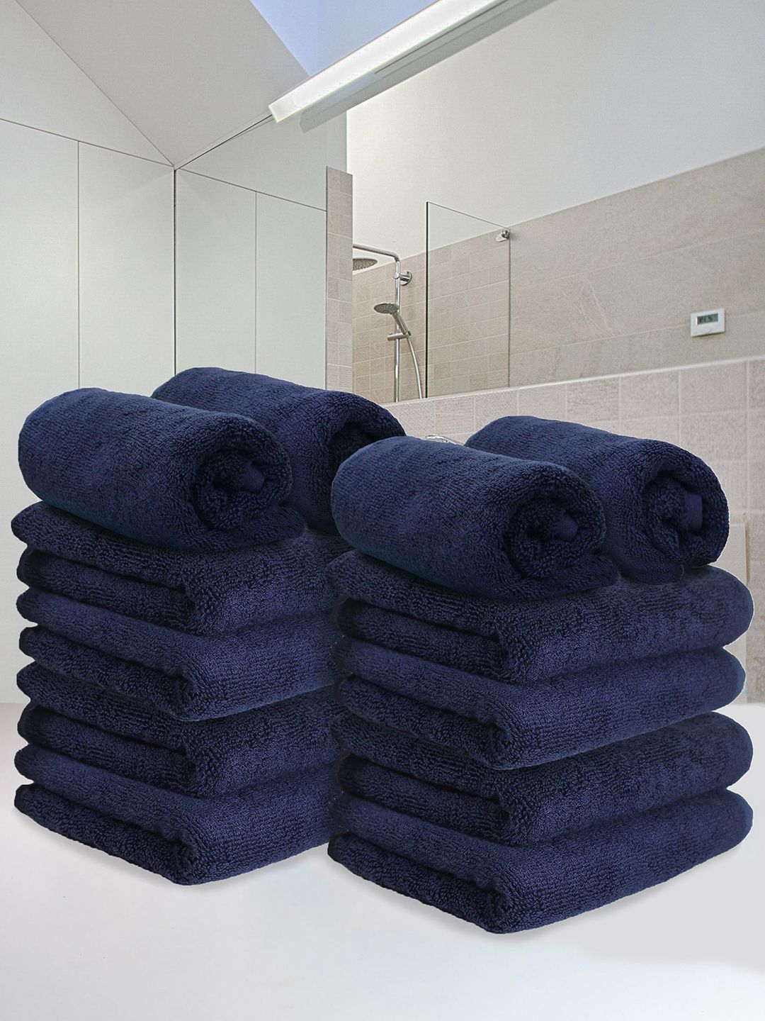 Heelium Set Of 12 Blue Solid 600 GSM Bamboo Hand Towels Price in India