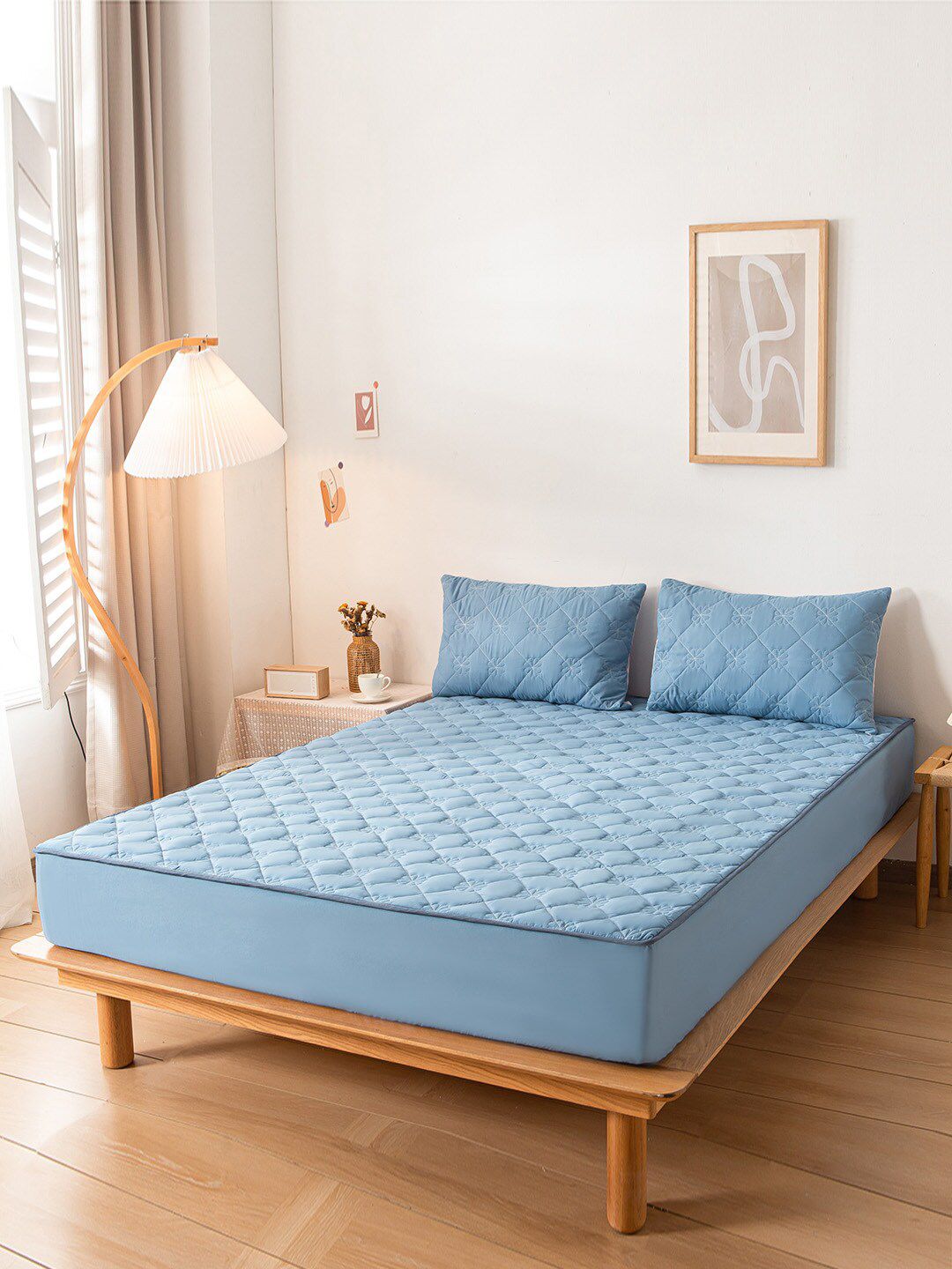JC Collection Blue & White Solid Double Queen Bed Cover With Pillow Covers Price in India