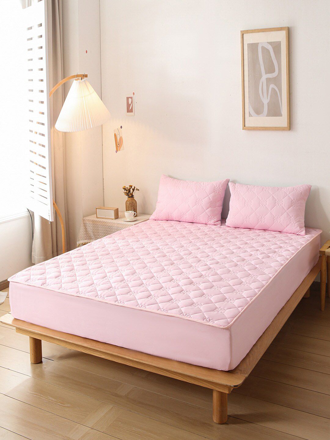 JC Collection Pink Solid Fitted Double Super-King Bed Cover Price in India