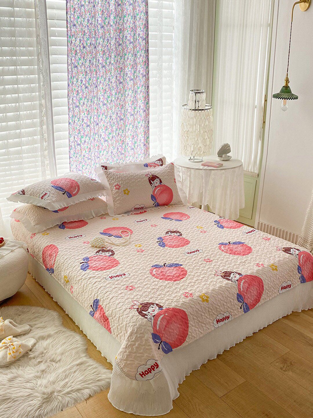 JC Collection Pink Printed Double King Bed Cover With 2 Pillow Covers Price in India