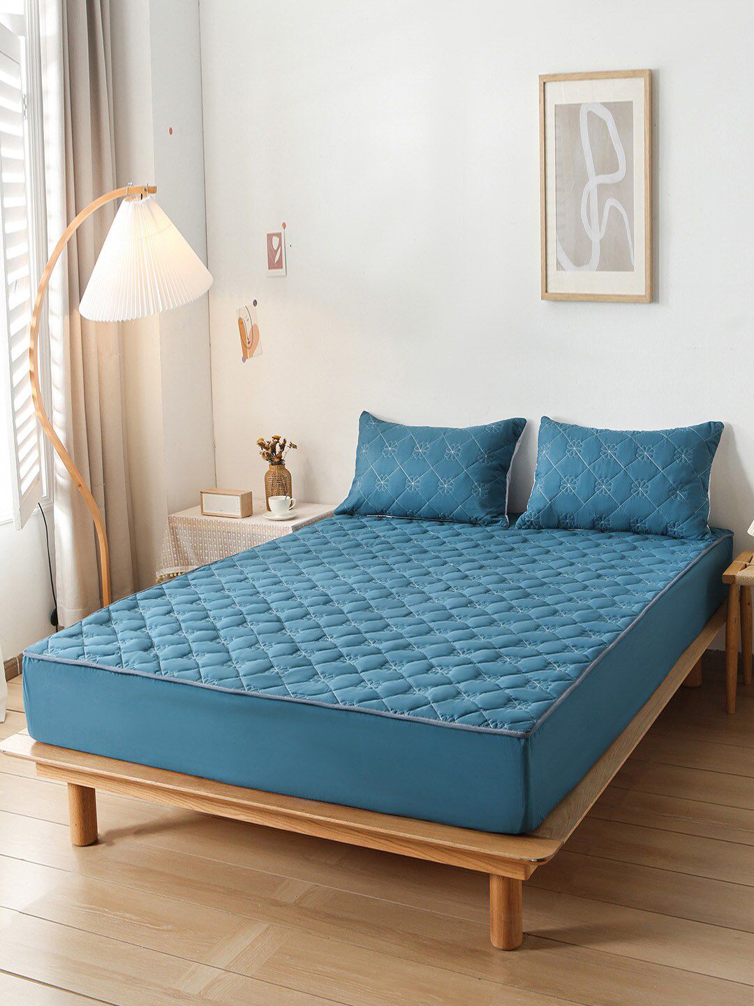 JC Collection Navy Blue Self-Design Double Queen Bed Cover With 2 Pillow Covers Price in India