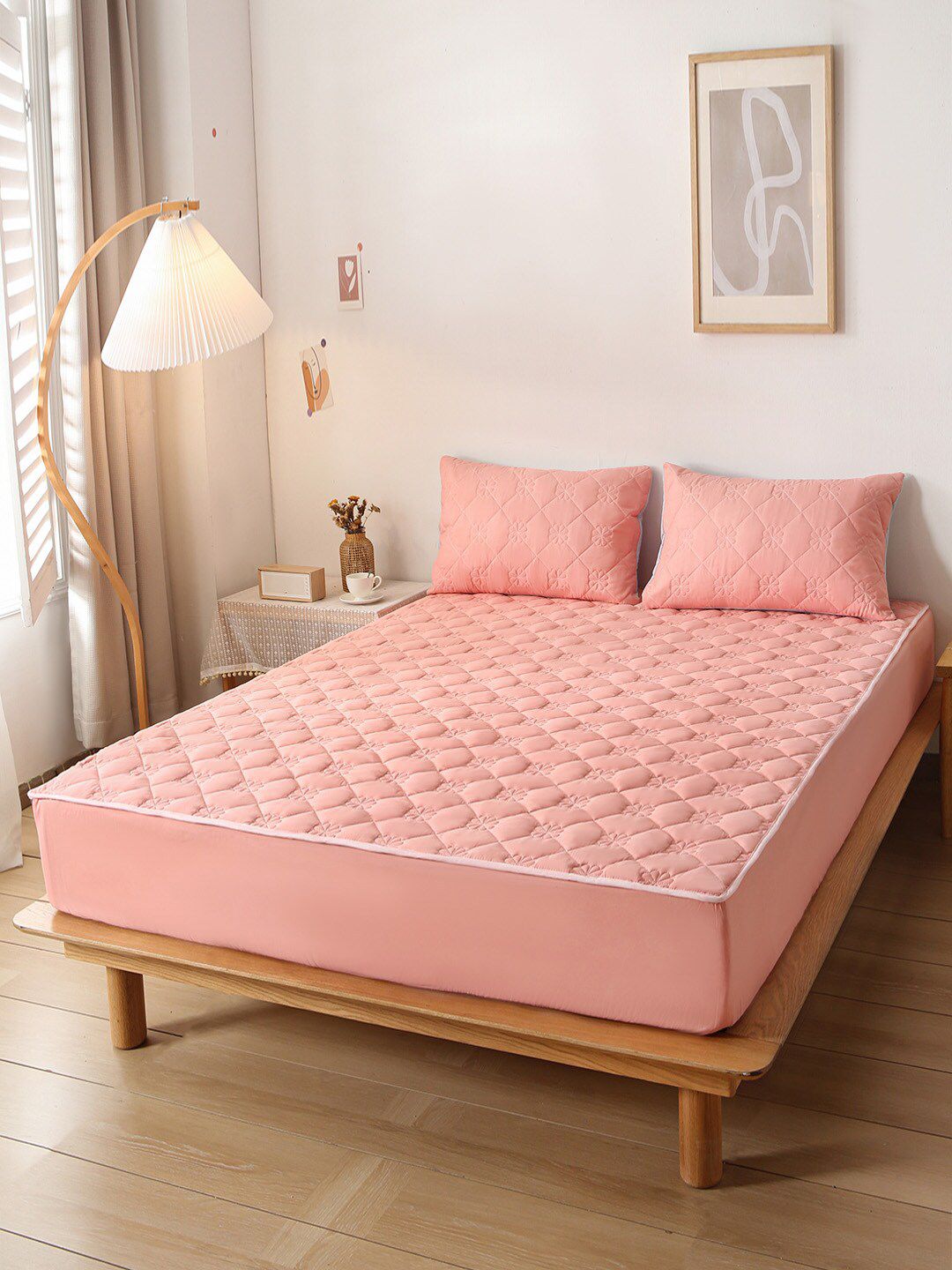 JC Collection Peach Double Queen Bed Cover With 2 Pillow Covers Price in India