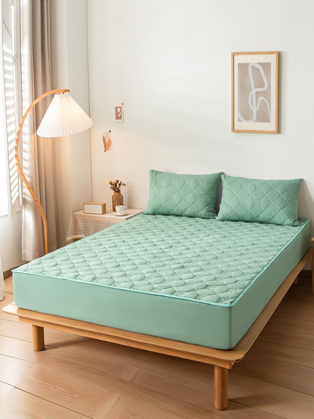 JC Collection Green Fitted Solid Single Size Bed Cover Price in India