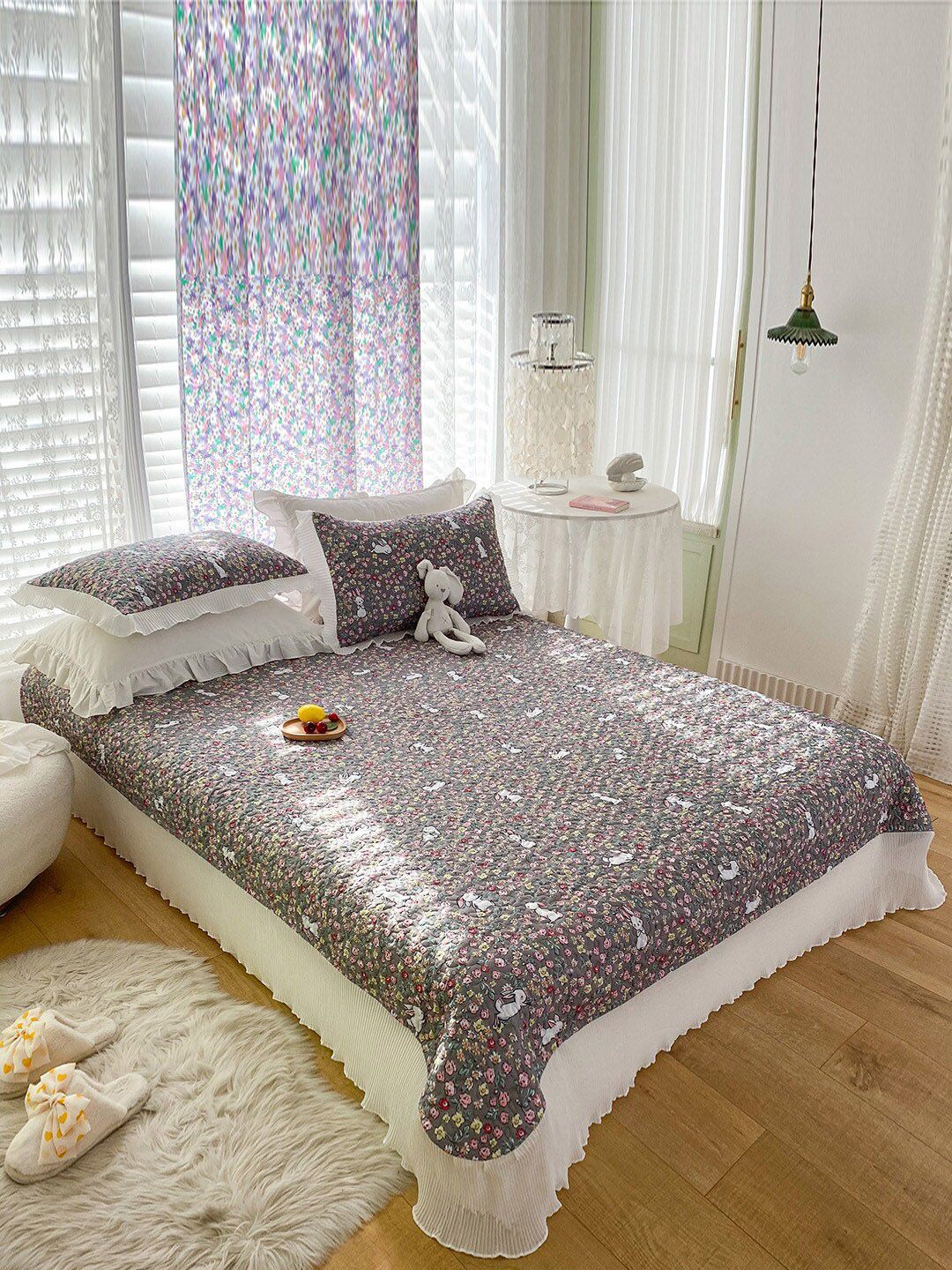 JC Collection Grey Printed Double King Bedcover Price in India