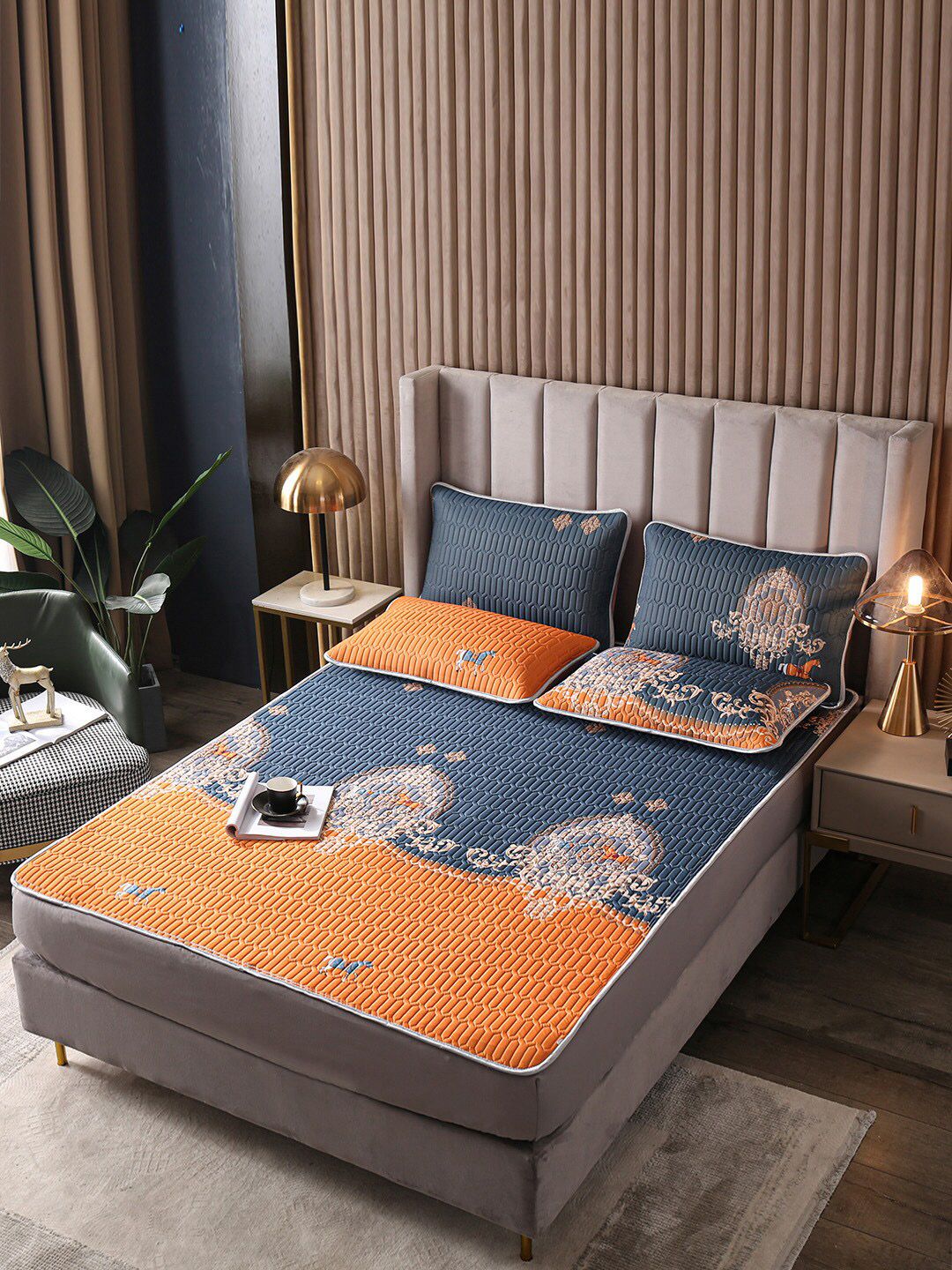 JC Collection Blue & Orange Printed Double King Bed Cover With Pillow Covers Price in India
