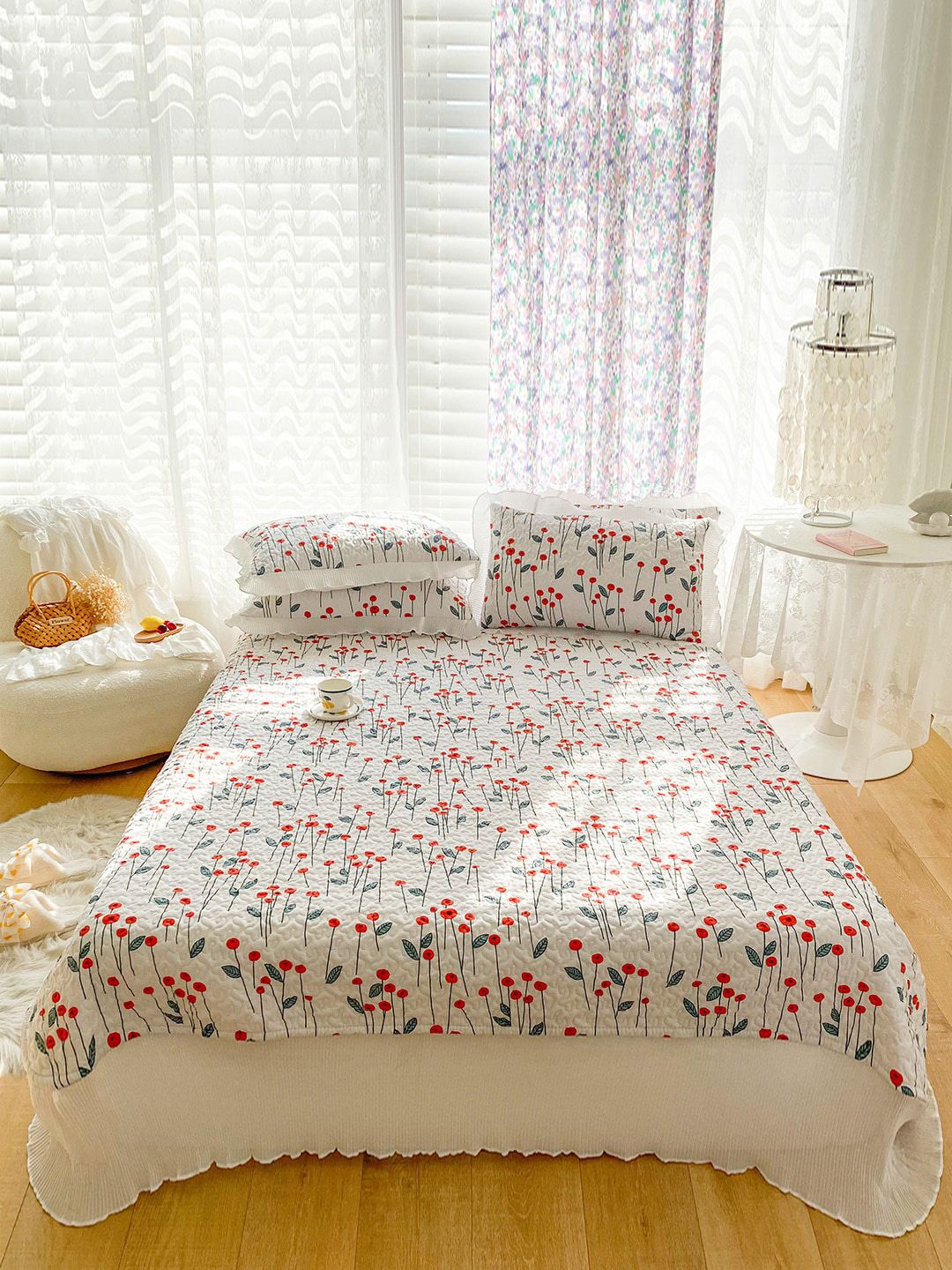 JC Collection White & Orange Printed Double Queen Bed Cover With 2 Pillow Covers Price in India