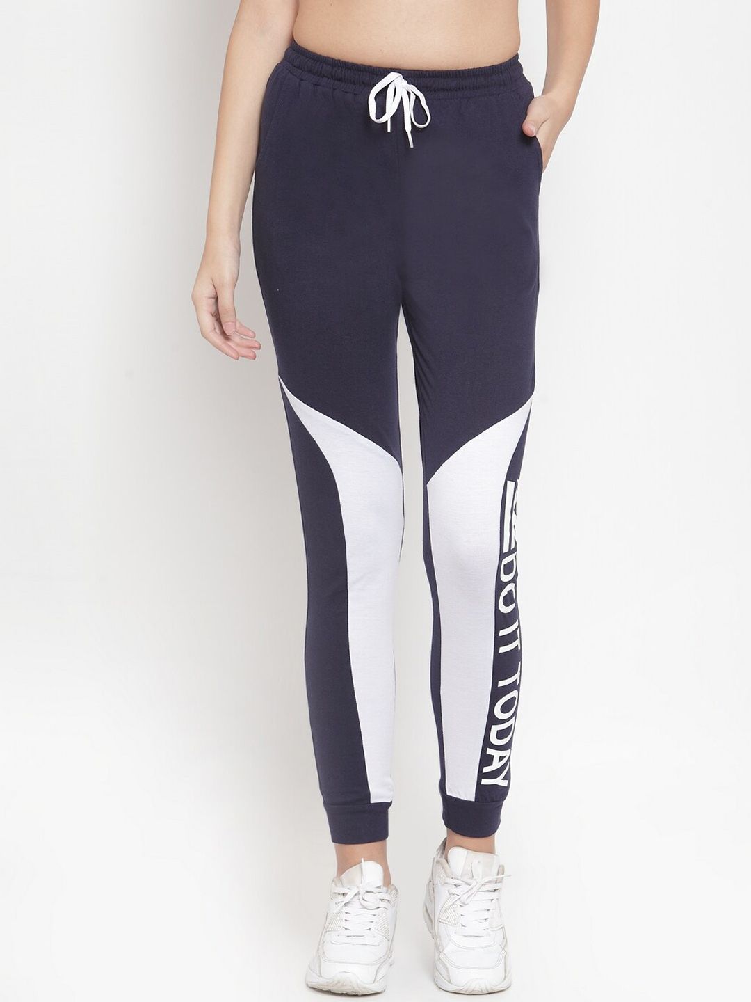 Boston Club Women Navy Blue Printed Cotton Running Track Pants Price in India