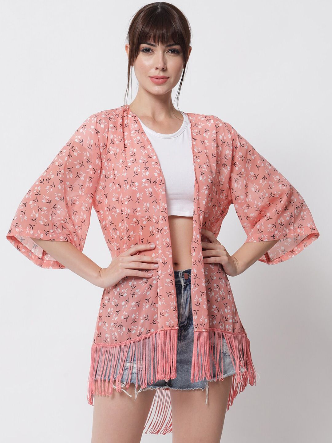PURYS Women Pink & White Floral Printed Tasselled High-Low Longline Shrug Price in India