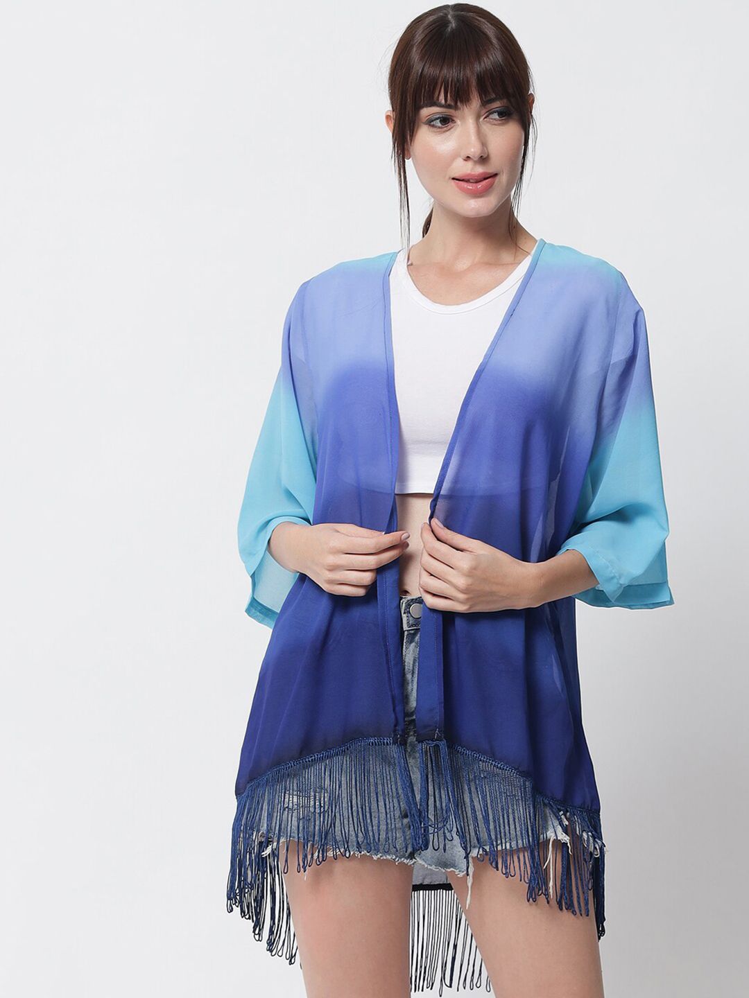 PURYS Women Blue Colourblocked Tasselled Shrug Price in India