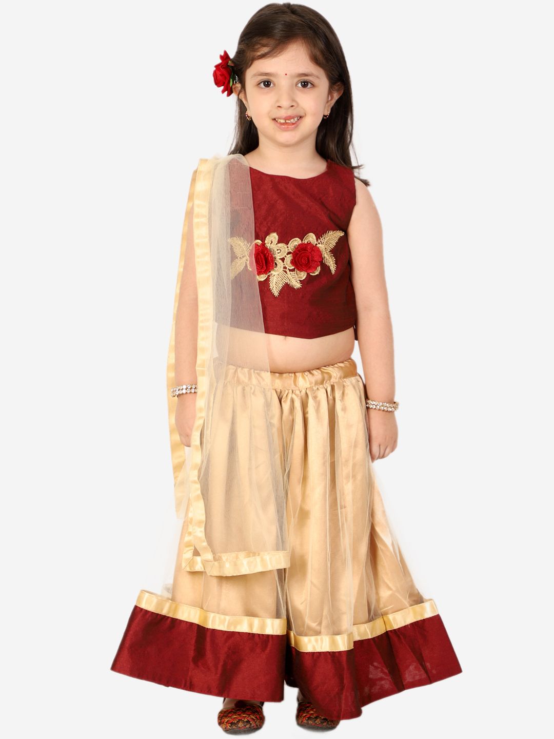 Superminis Girls Maroon & Beige Embroidered Ready to Wear Lehenga & Blouse With Dupatta