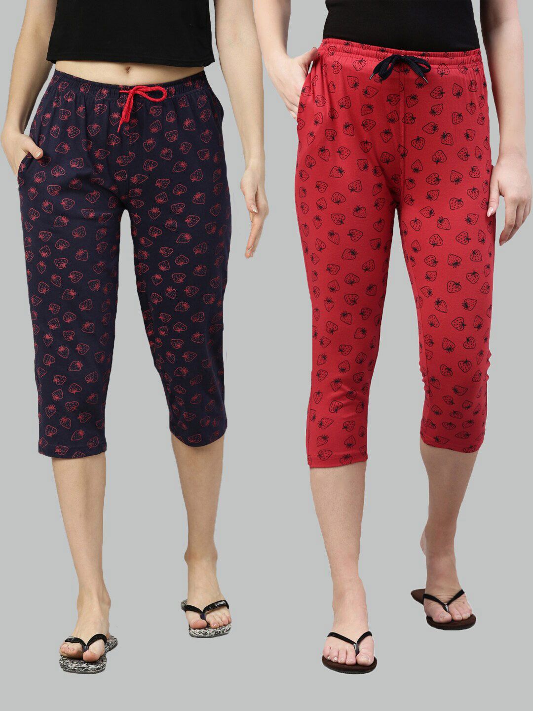 Kryptic Women Pack of 2 Navy Blue & Red Printed Pure Cotton Lounge Capris Price in India